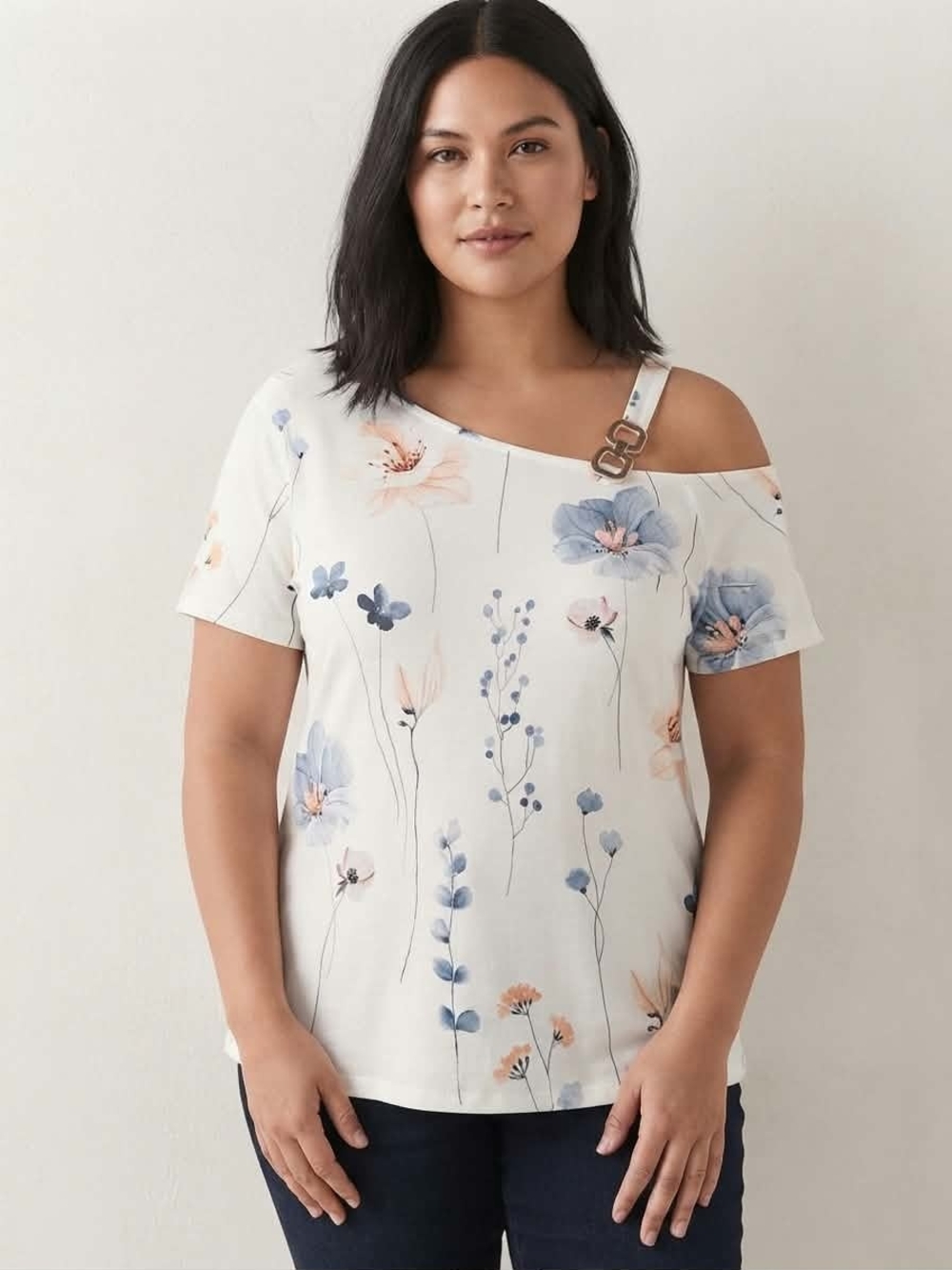 Floral Cold Shoulder Top White Blue Peach Strap Buckle Size M